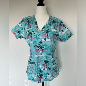 Cherokee Flamingo Winter Theme Scrub Top - Size Medium - Pink/Blue/Green